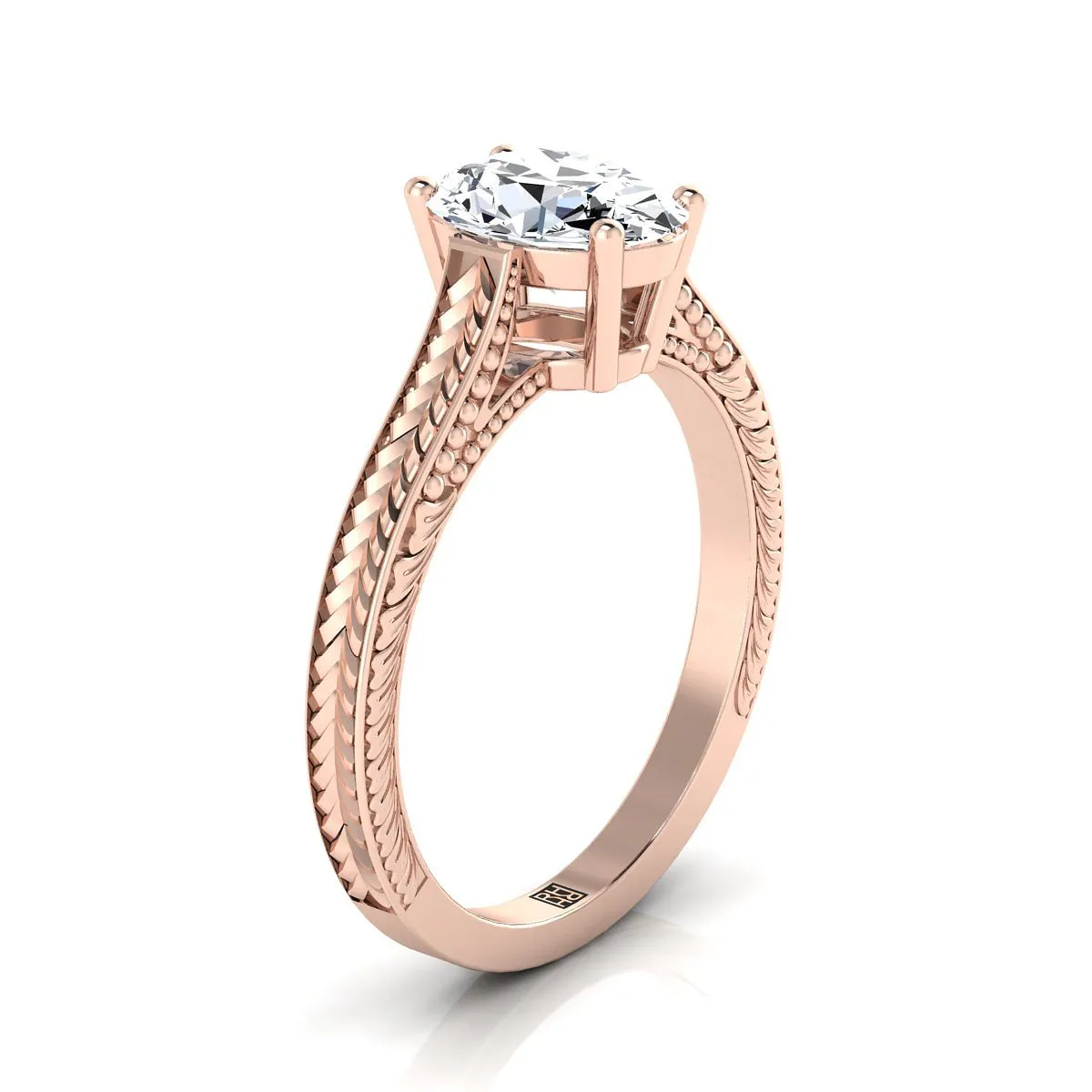 14K Rose Gold Oval Citrine Hand Engraved Vintage Cathedral Style Solitaire Engagement Ring