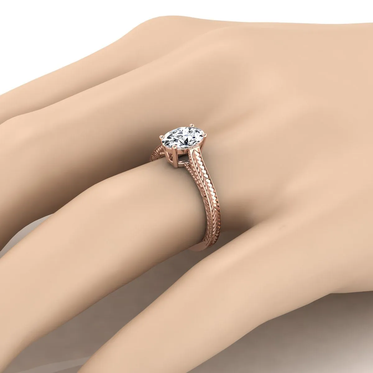 14K Rose Gold Oval Citrine Hand Engraved Vintage Cathedral Style Solitaire Engagement Ring