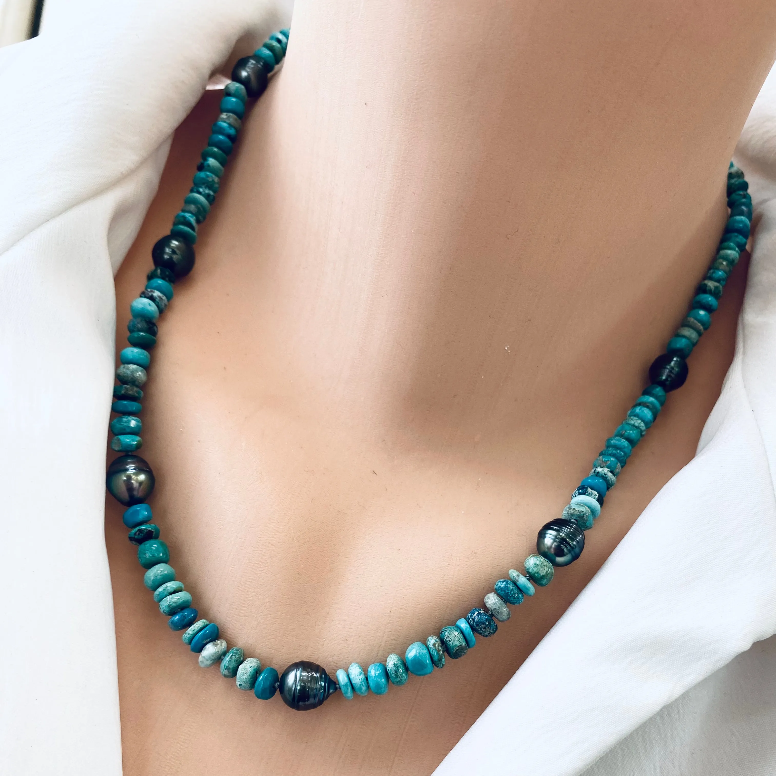 Arizona Turquoise & Tahitian Pearl Necklace, Gold Vermeil Clasp, 19.5inches, December Birthstone