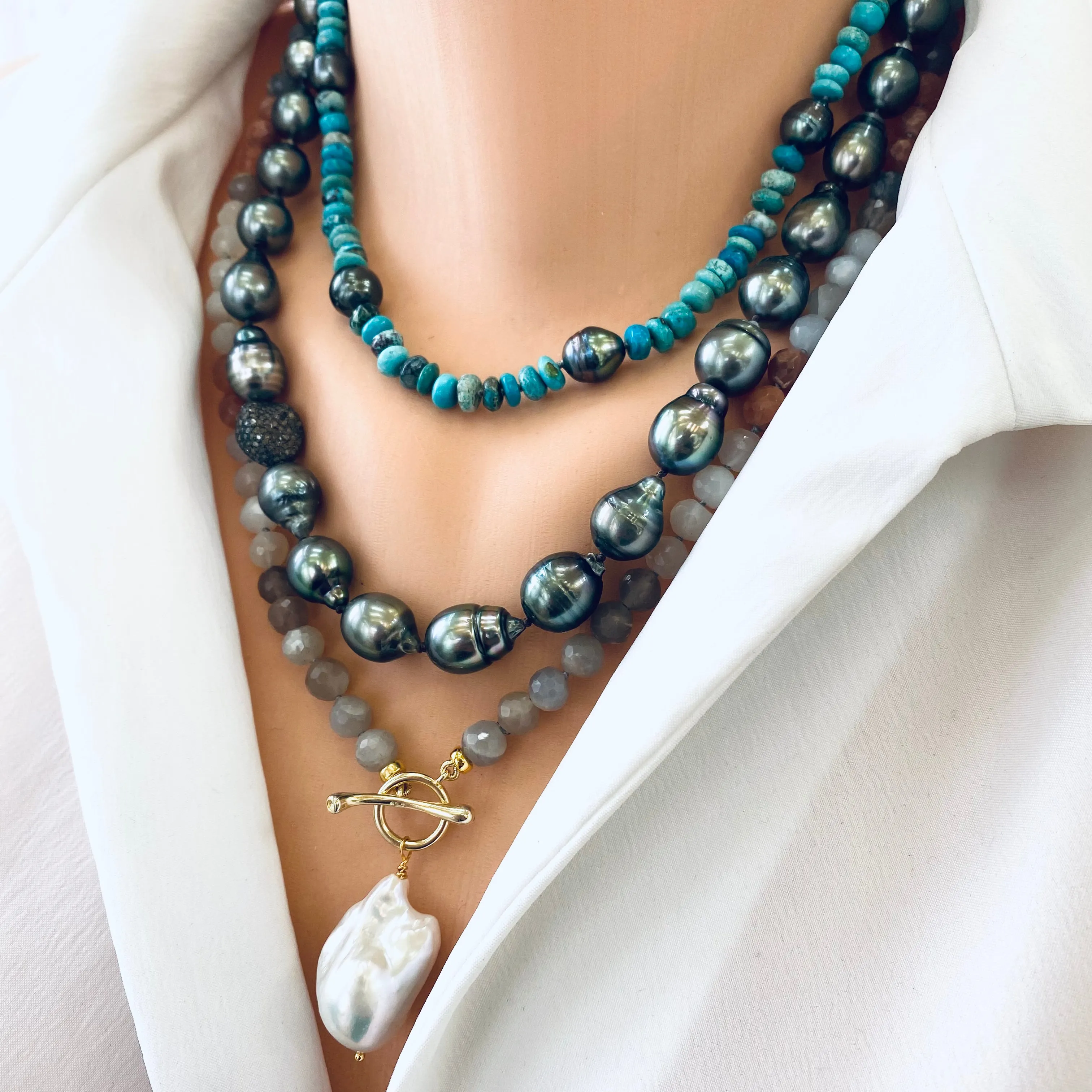 Arizona Turquoise & Tahitian Pearl Necklace, Gold Vermeil Clasp, 19.5inches, December Birthstone