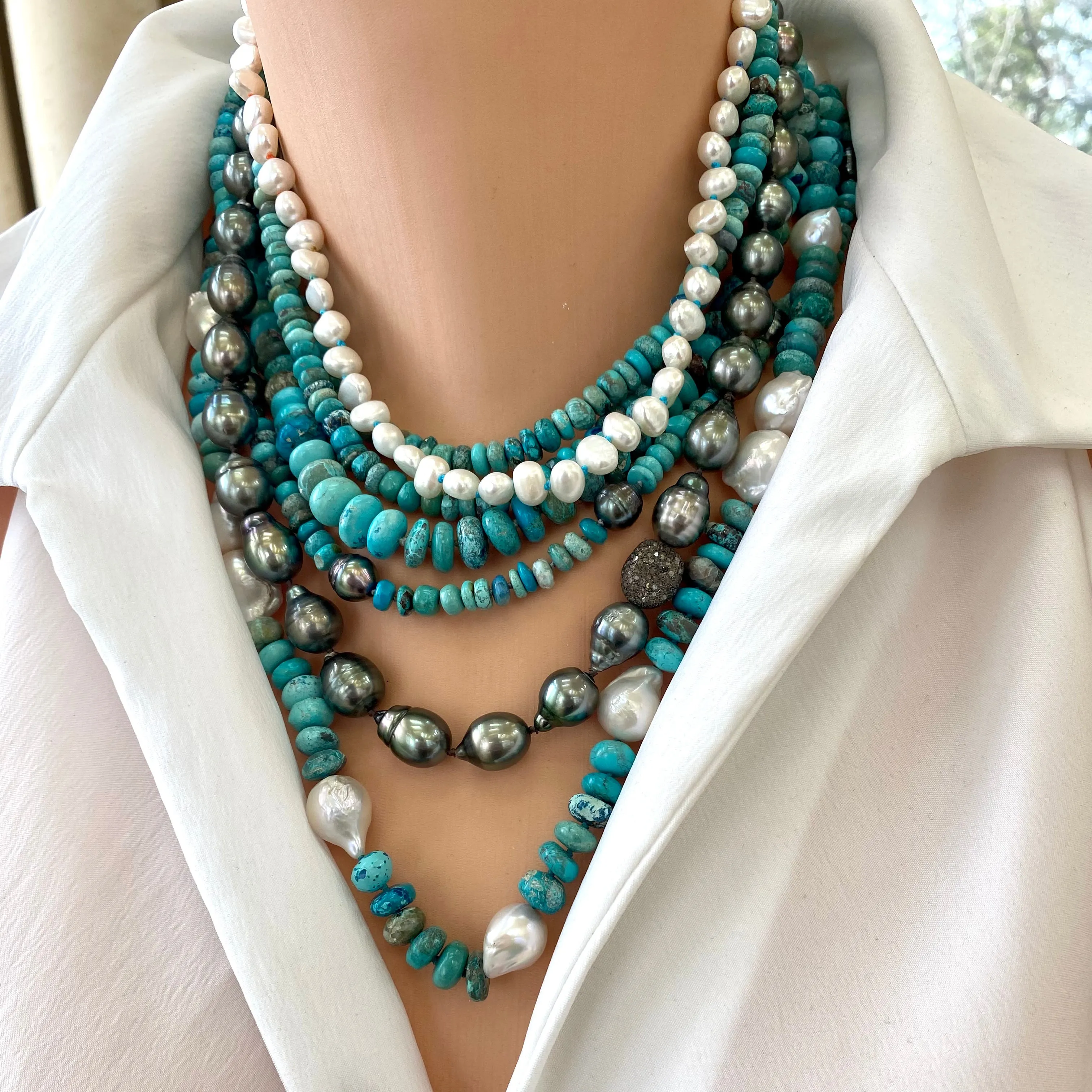 Arizona Turquoise & Tahitian Pearl Necklace, Gold Vermeil Clasp, 19.5inches, December Birthstone