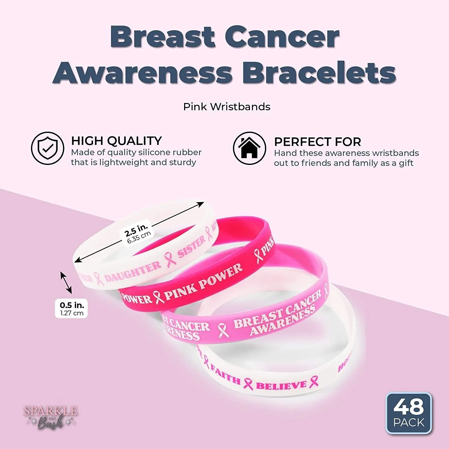 Breast Cancer Awareness Bracelets, Pink Wristbands (48 Pieces)