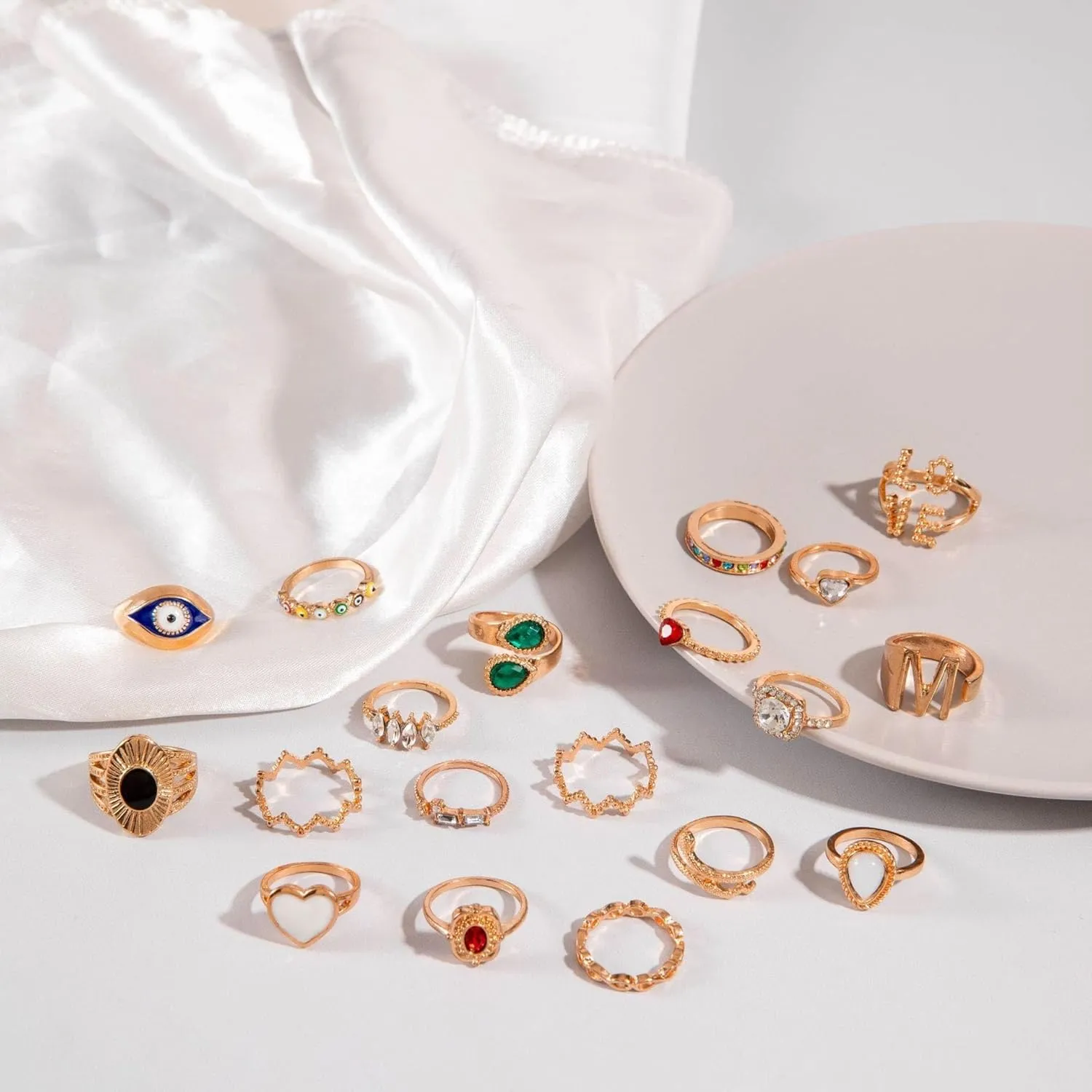Gold Silver Rings for Women Pearl Colorful Rhinestone Waterproof Chunky Silver Ring Non Tarnish Gold Ring Set Stackable Statement Rings Adjustable Open Fashion Jewelry