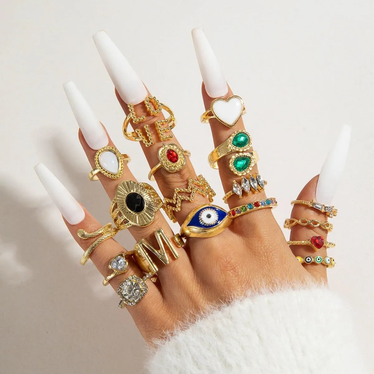 Gold Silver Rings for Women Pearl Colorful Rhinestone Waterproof Chunky Silver Ring Non Tarnish Gold Ring Set Stackable Statement Rings Adjustable Open Fashion Jewelry