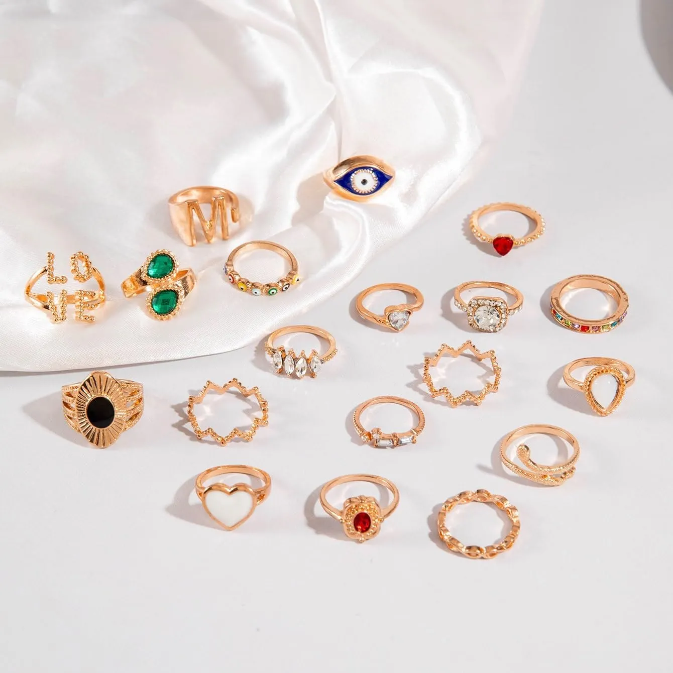 Gold Silver Rings for Women Pearl Colorful Rhinestone Waterproof Chunky Silver Ring Non Tarnish Gold Ring Set Stackable Statement Rings Adjustable Open Fashion Jewelry