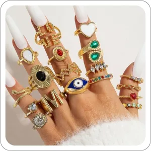 Gold Silver Rings for Women Pearl Colorful Rhinestone Waterproof Chunky Silver Ring Non Tarnish Gold Ring Set Stackable Statement Rings Adjustable Open Fashion Jewelry