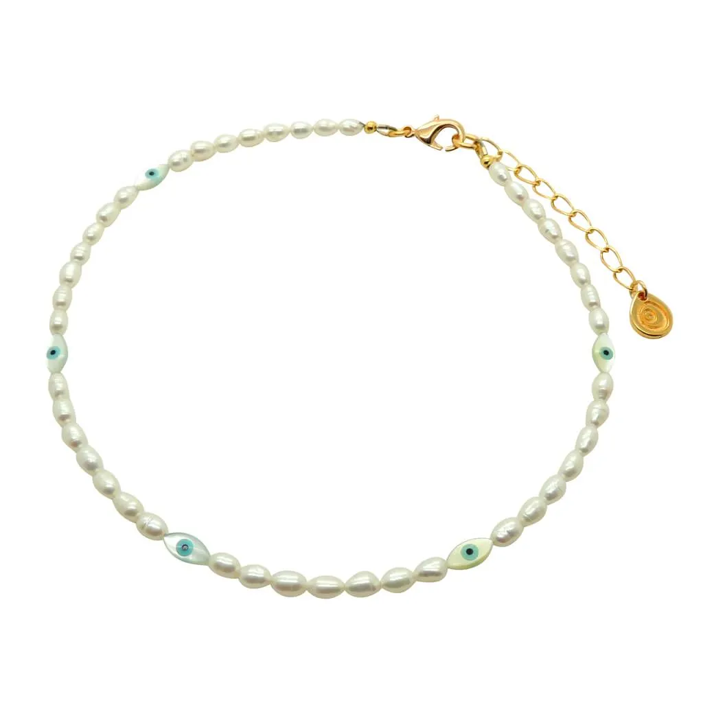 Mother of Pearl Evil Eye Charm Freshwater Pearl Choker