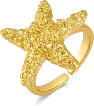 WOWORAMA Gold Conch Shell Starfish Rings for Women Chunky Adjustable Open Rings Gold Ocean Statement Rings Seashell Sea Star Rings Stackable Band Rings Summer Jewelry