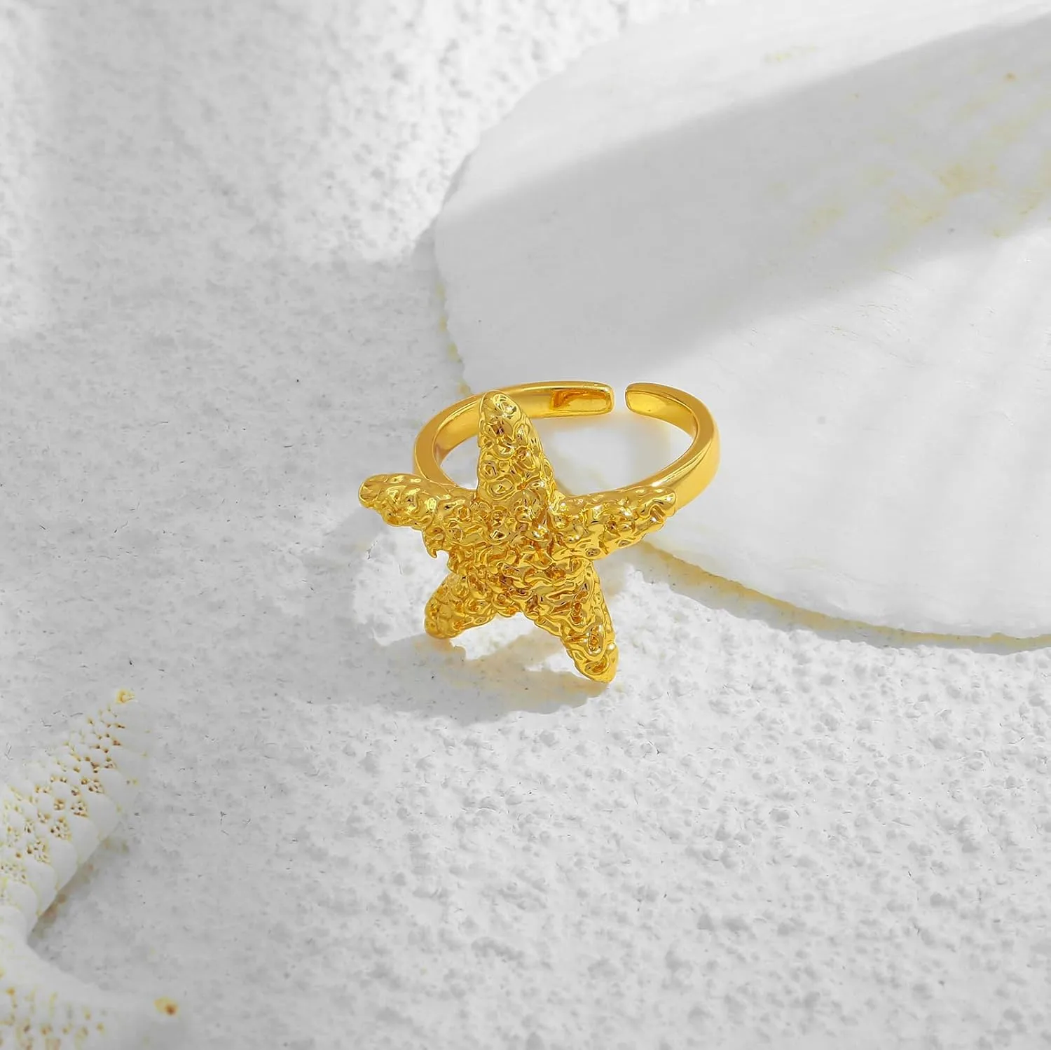 WOWORAMA Gold Conch Shell Starfish Rings for Women Chunky Adjustable Open Rings Gold Ocean Statement Rings Seashell Sea Star Rings Stackable Band Rings Summer Jewelry